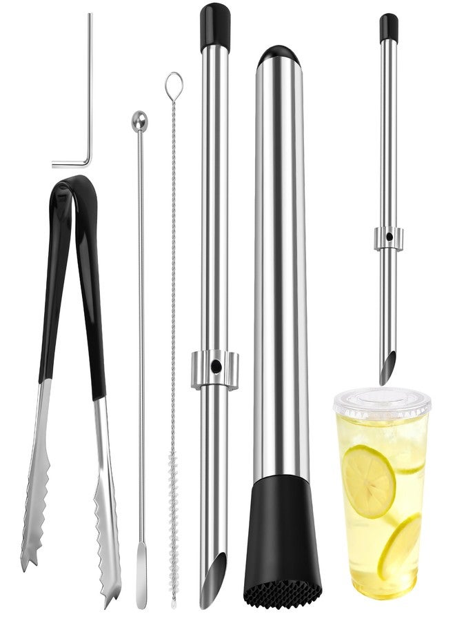 Luxiv 5Pcs Straw Hole Puncher Set, Luxiv 304 Stainless Steel Straw Puncher for Plastic Lids Hole Punching Tools for Drinks Coffee Lemonade Stand Tool Set with Muddler, Stirring Rod, Ice Tweezers, Brush - Image 1