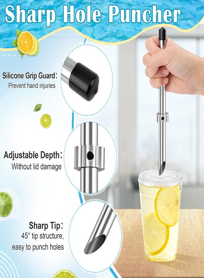 Luxiv 5Pcs Straw Hole Puncher Set, Luxiv 304 Stainless Steel Straw Puncher for Plastic Lids Hole Punching Tools for Drinks Coffee Lemonade Stand Tool Set with Muddler, Stirring Rod, Ice Tweezers, Brush - Image 3