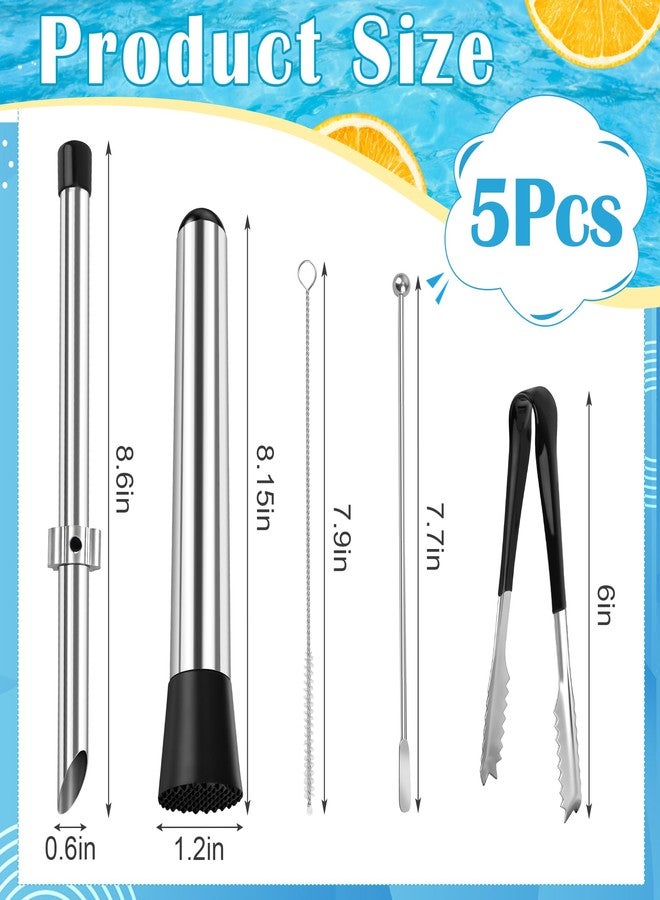 Luxiv 5Pcs Straw Hole Puncher Set, Luxiv 304 Stainless Steel Straw Puncher for Plastic Lids Hole Punching Tools for Drinks Coffee Lemonade Stand Tool Set with Muddler, Stirring Rod, Ice Tweezers, Brush - Image 2