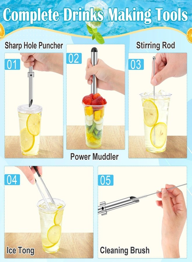 Luxiv 5Pcs Straw Hole Puncher Set, Luxiv 304 Stainless Steel Straw Puncher for Plastic Lids Hole Punching Tools for Drinks Coffee Lemonade Stand Tool Set with Muddler, Stirring Rod, Ice Tweezers, Brush - Image 5
