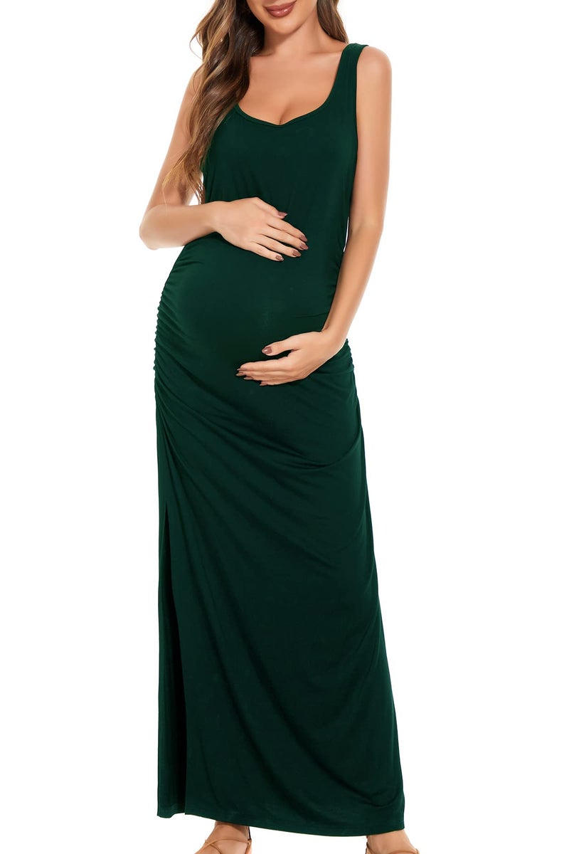 Smallshow Women's Split Long Maternity Dress Sleeveness Ruched Pregnancy Clothes Medium Deep Green - Image 2