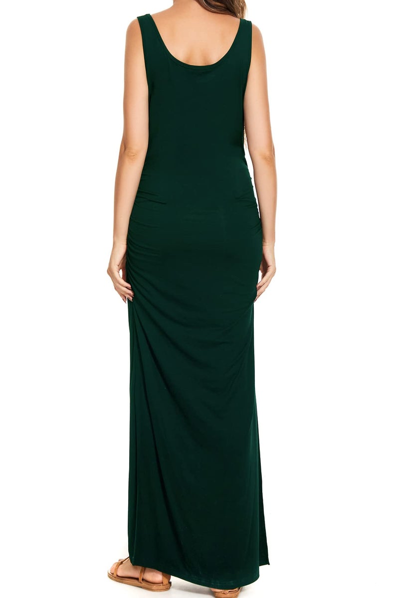 Smallshow Women's Split Long Maternity Dress Sleeveness Ruched Pregnancy Clothes Medium Deep Green - Image 4