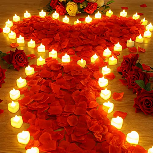 Coume 6000 Pieces Artificial Rose Petal with 72 Pieces LED Tea Lights Candle Romantic Sweetest Day Decorations Rose Petal Heart Candle for Special Night Proposal Wedding Anniversary(Warm White Light) - Image 1
