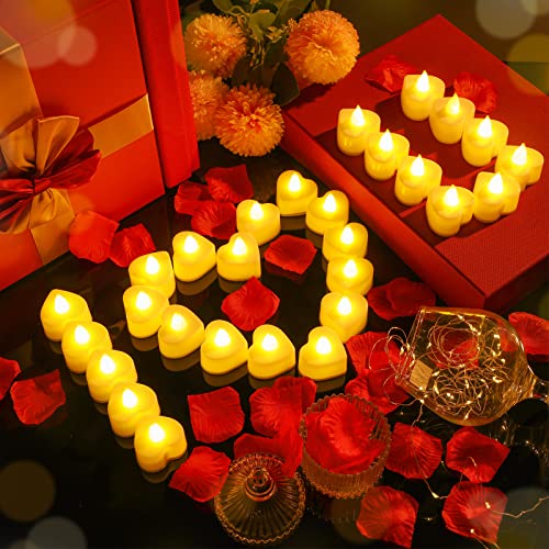 Coume 6000 Pieces Artificial Rose Petal with 72 Pieces LED Tea Lights Candle Romantic Sweetest Day Decorations Rose Petal Heart Candle for Special Night Proposal Wedding Anniversary(Warm White Light) - Image 2