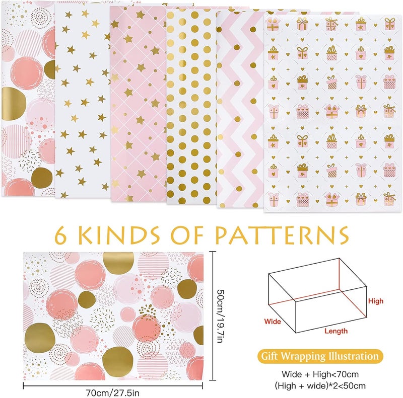 PLULON 6 Sheets Gold and Pink Birthday Gift Wrapping Paper Gold Pink Gift Wrap Paper for Wedding Birthdays Hen Party Baby Shower Decorations - Image 2