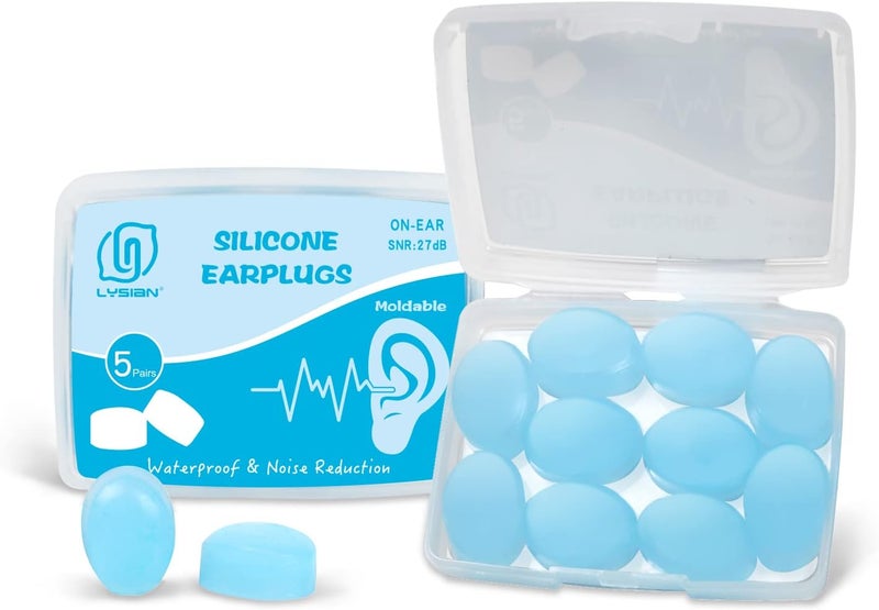 LYSIAN Soft Moldable Silicone Earplugs for Sleep, 5 Pairs, SNR 27dB Noise Cancelling Sleeping Ear Plugs for Swimming, Travel, Snoring(Blue)