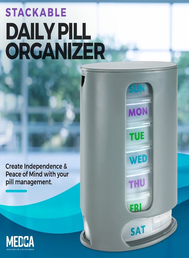 MEDca Weekly Pill Organizer, 1 Dispenser, 7 Stackable Compartments Four Times-a-Day - Morning, Noon, Evening, and Bedtime, Grey - Image 2