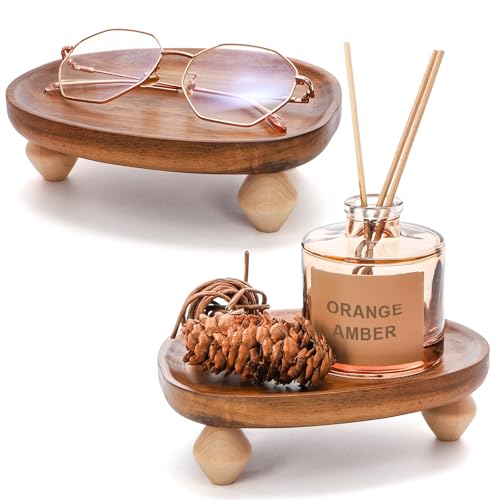 Dicunoy 2 Pack Acacia Wood Riser for Decor, 6" Small Wood Pedestal Display Stands for Kitchen Counter, Rustic Wooden Tray for Bathroom Counter, Tabletop Centerpieces, Entry Table, Farmhouse Decor - Image 1