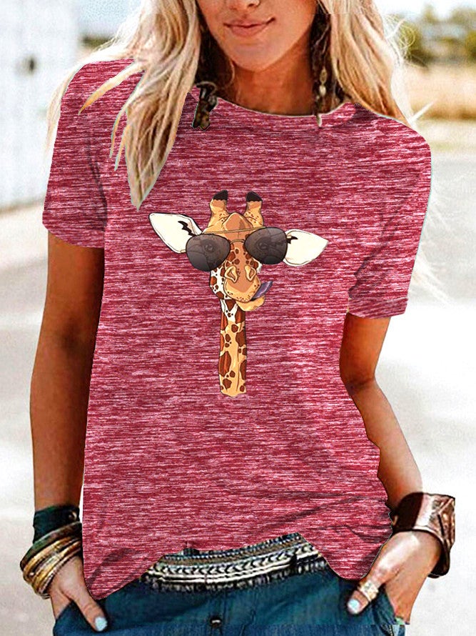 wish fun giraffe pattern printed contrast short sleeve t-shirt for women - Image 1