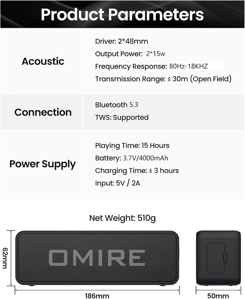 OMIRE Portable Bluetooth Speaker 30W Stereo Sound with Metal Diaphragm Drivers, Bluetooth 5.3,Bassup,IPX6 مكبر صوت بلوتوث,Waterproof,Wireless HiFi Stereo Pairing TWS For Home,Outdoor,Party,Travel - Image 3