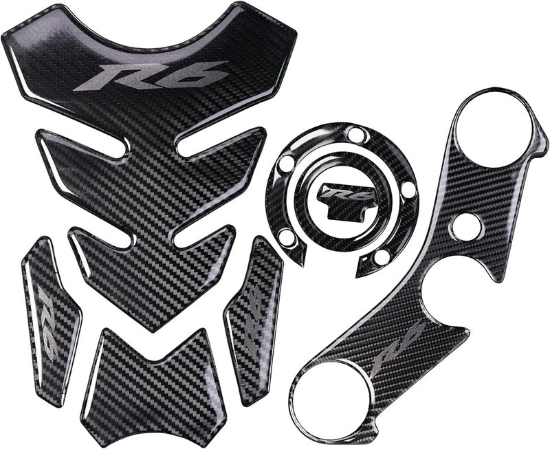 Real Carbon Fibre Gas Cap, Triple Tree Front End Upper, Top Clamp Decal Stickers, Tank Pad, Tank Protector for R6, 4 Pcs Per Set(Grey)