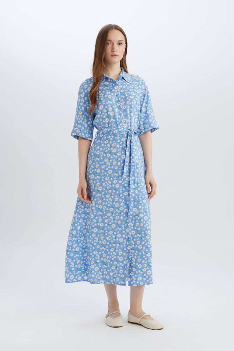 DeFacto Blue Woman A Cut Shirt Collar Printed Double Sleeves Dress Casual - Image 1