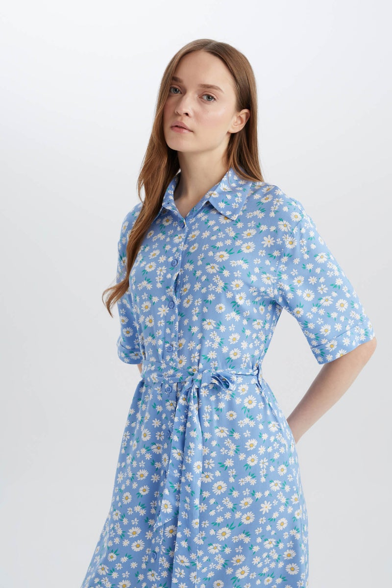 DeFacto Blue Woman A Cut Shirt Collar Printed Double Sleeves Dress Casual - Image 4