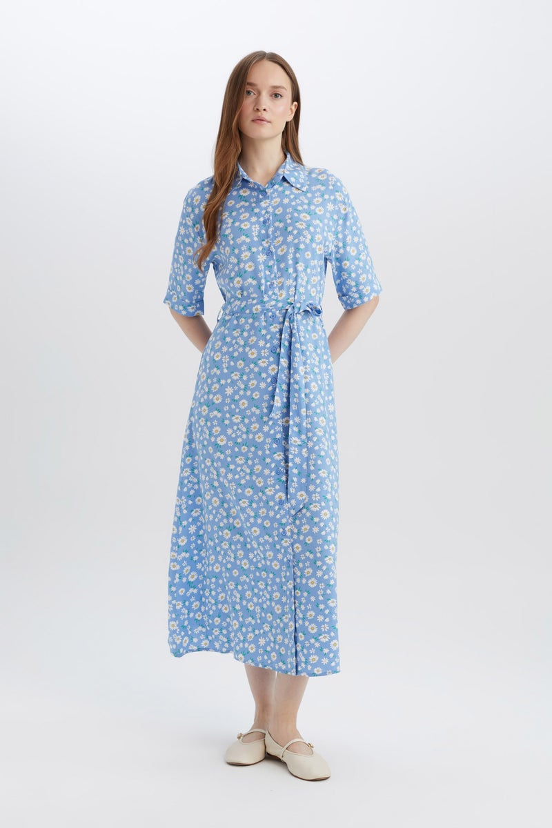DeFacto Blue Woman A Cut Shirt Collar Printed Double Sleeves Dress Casual - Image 3