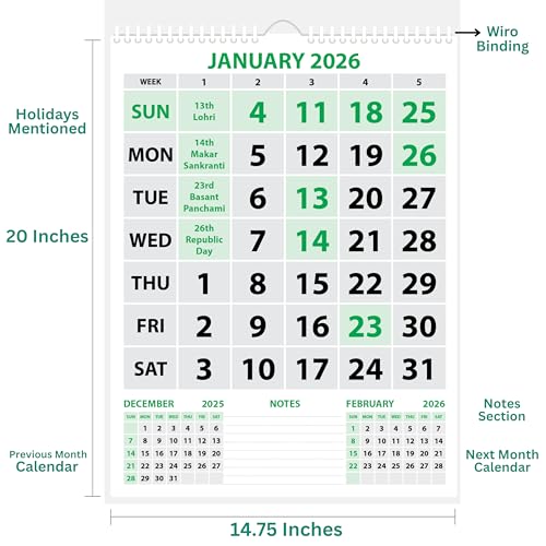 LAURET BLANC 2026 Wall Calendar -14.75" X 20" for Home & Office, Holidays Mentioned, 150GSM Art Paper (A) - Image 2