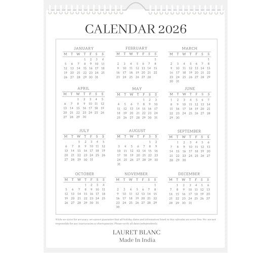LAURET BLANC 2026 Wall Calendar -14.75" X 20" for Home & Office, Holidays Mentioned, 150GSM Art Paper (A) - Image 5