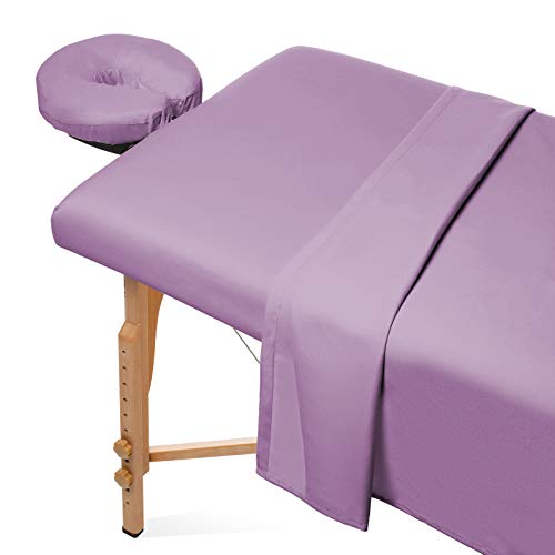 Saloniture مجموعة شراشف طاولة المساج من سالونيتيور 3 قطع من الألياف الدقيقة  غطاء سرير الوجه الفاخر  يتضمن شراشف مسطحة ومطابقة مع غطاء وسادة الوجه  لافندر - Image 1