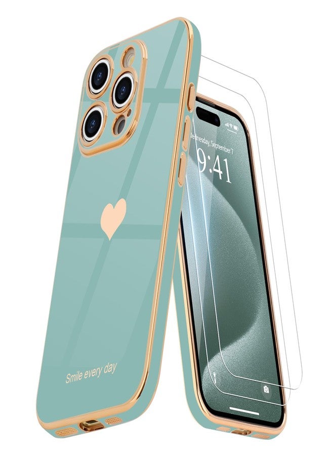 Teageo جراب Teageo لهاتف iPhone 15 Pro Max مع واقيين للشاشة بنمط قلب، للنساء والفتيات، مطلي بطبقة لامعة فاخرة، مصنوع من مادة TPU الناعمة، مقاوم للخدوش والصدمات، جراب هاتف لهاتف iPhone 15 Pro Max، لون أزرق مخضر - Image 1