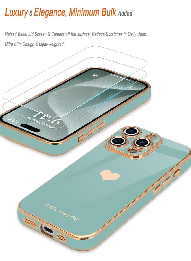 Teageo جراب Teageo لهاتف iPhone 15 Pro Max مع واقيين للشاشة بنمط قلب، للنساء والفتيات، مطلي بطبقة لامعة فاخرة، مصنوع من مادة TPU الناعمة، مقاوم للخدوش والصدمات، جراب هاتف لهاتف iPhone 15 Pro Max، لون أزرق مخضر - Image 3