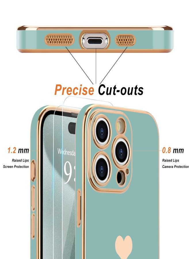 Teageo جراب Teageo لهاتف iPhone 15 Pro Max مع واقيين للشاشة بنمط قلب، للنساء والفتيات، مطلي بطبقة لامعة فاخرة، مصنوع من مادة TPU الناعمة، مقاوم للخدوش والصدمات، جراب هاتف لهاتف iPhone 15 Pro Max، لون أزرق مخضر - Image 2