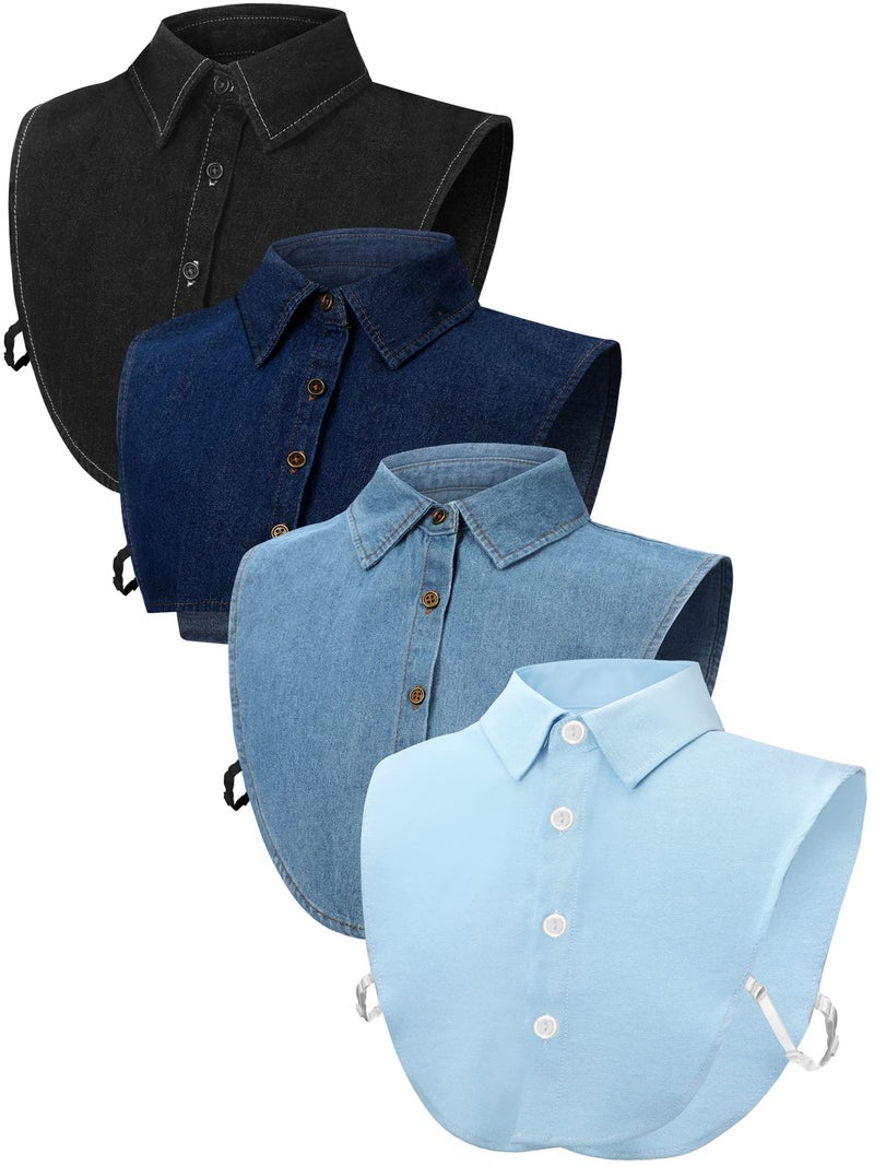 Syhood 4 Pcs Fake Collar Detachable False Dicky Collar Half Shirts Round for Women Outfits Halloween Costume Accessories(Denim Fabric, Cotton,Matte Black, Dark Blue, Light Blue, Sky Blue) - Image 1