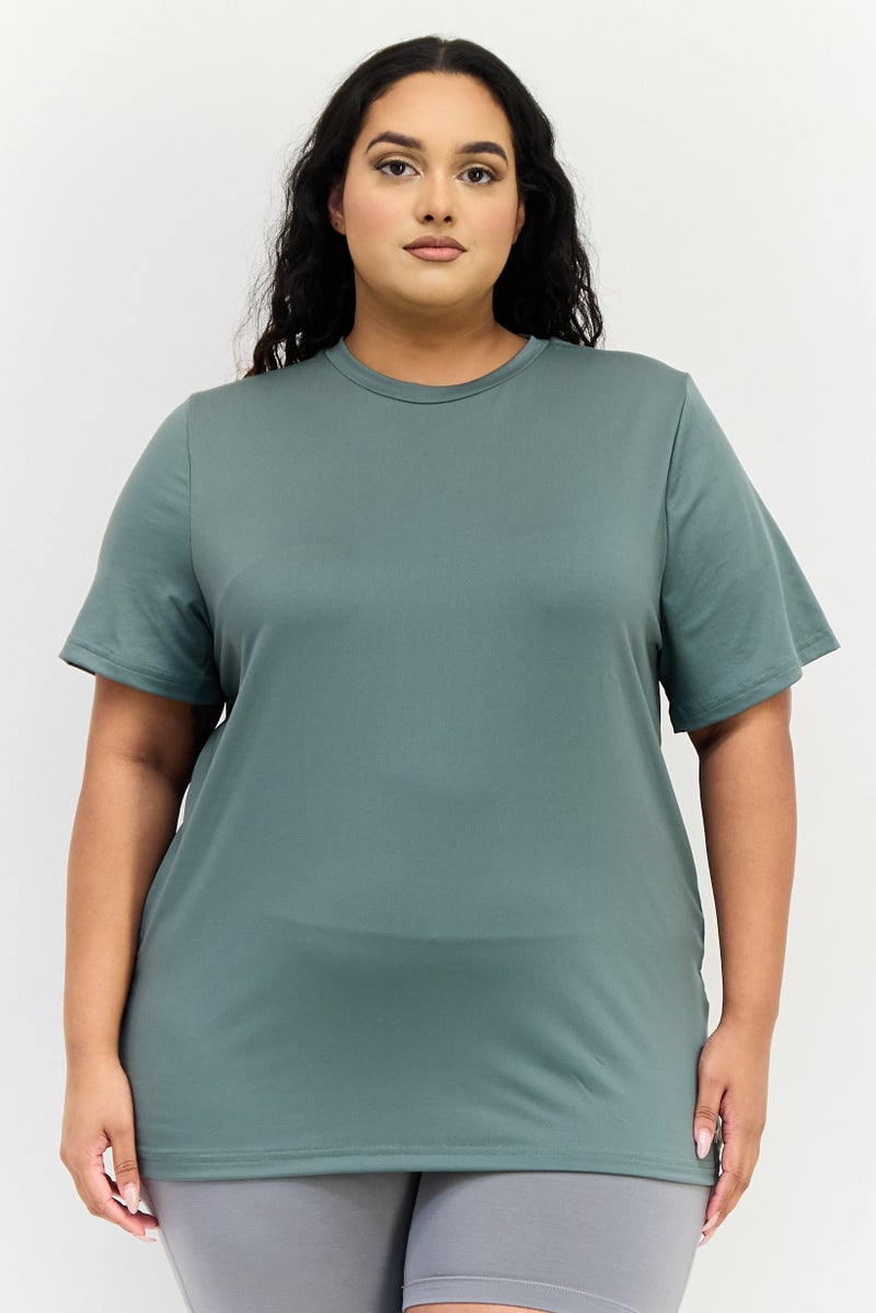 Reebok Women Plus Size Short Sleeve Training T-Shirt, Dark Green - Image 1