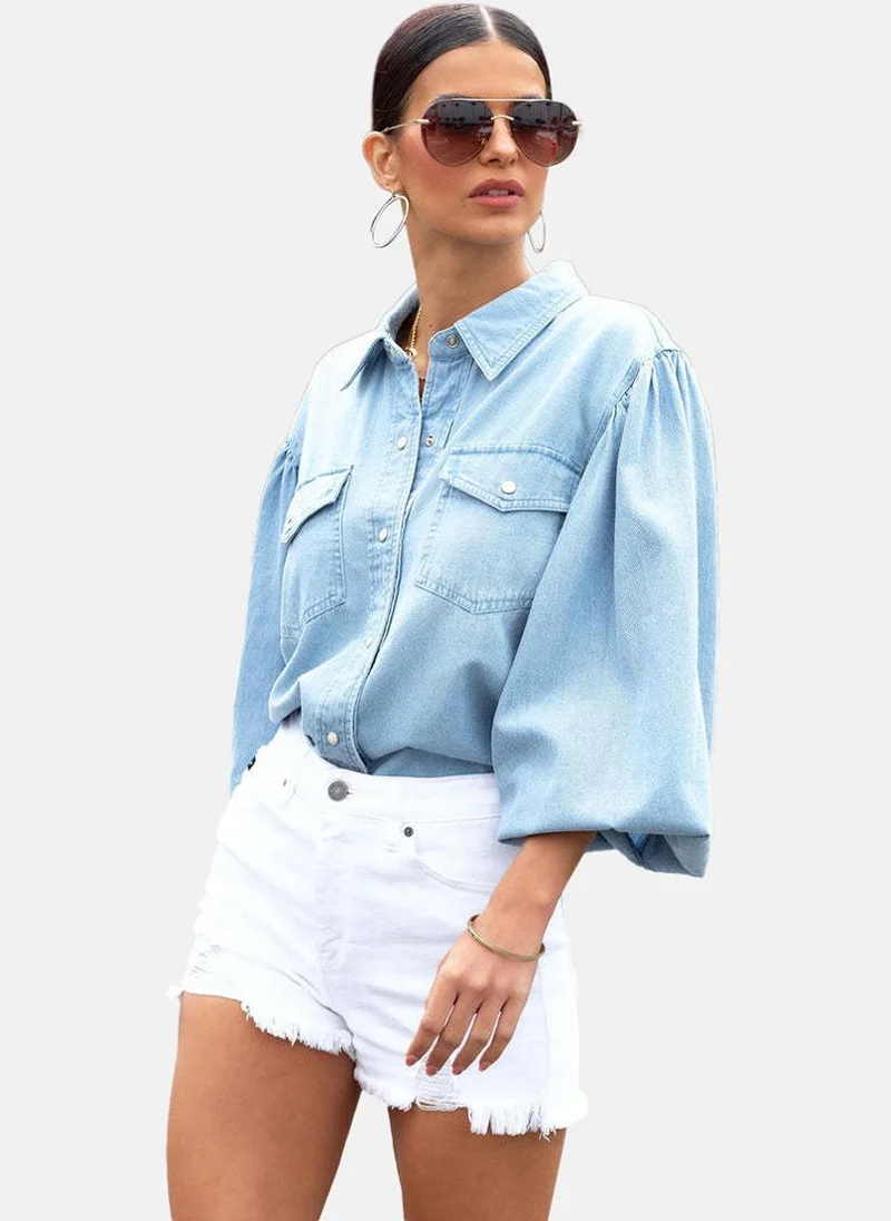 يونيكي Blue Regular Fit Spread Collar Three-Quarter Sleeves Shirts