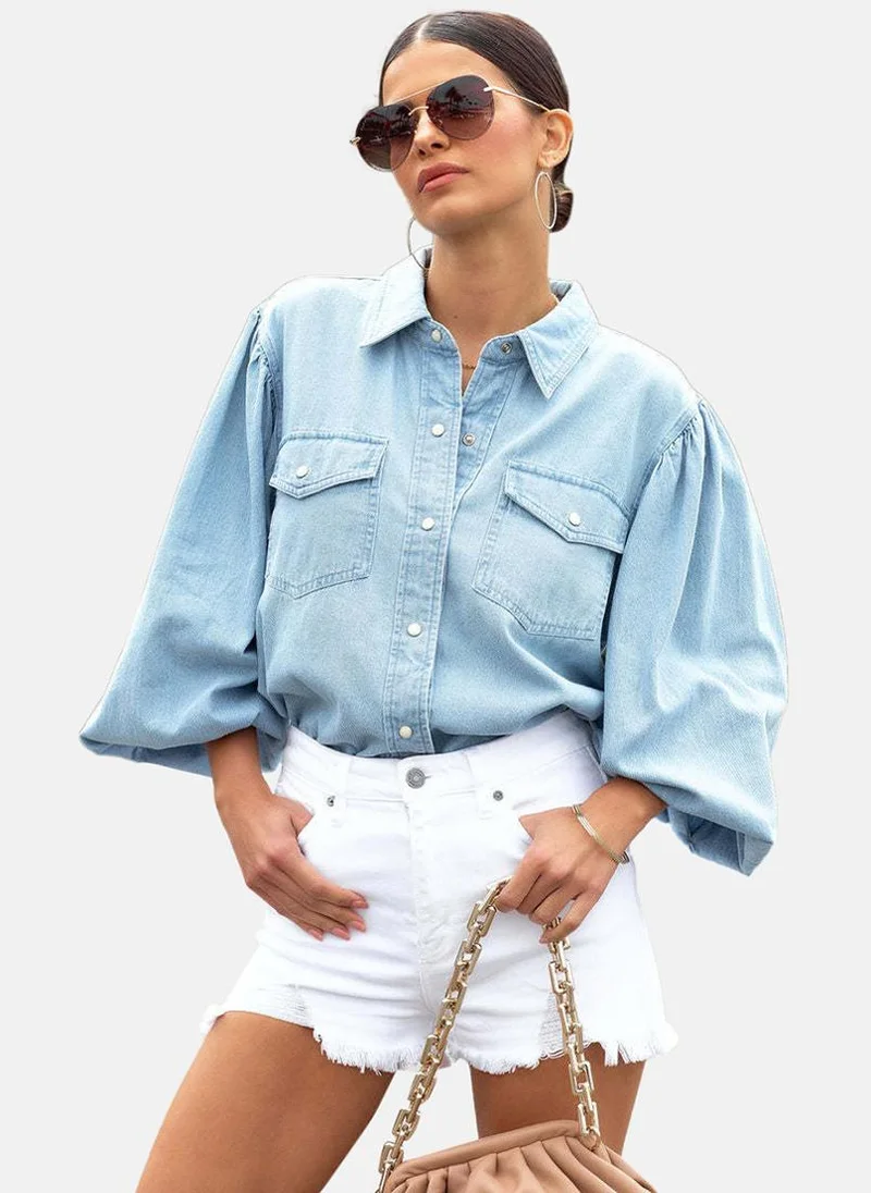 يونيكي Blue Regular Fit Spread Collar Three-Quarter Sleeves Shirts