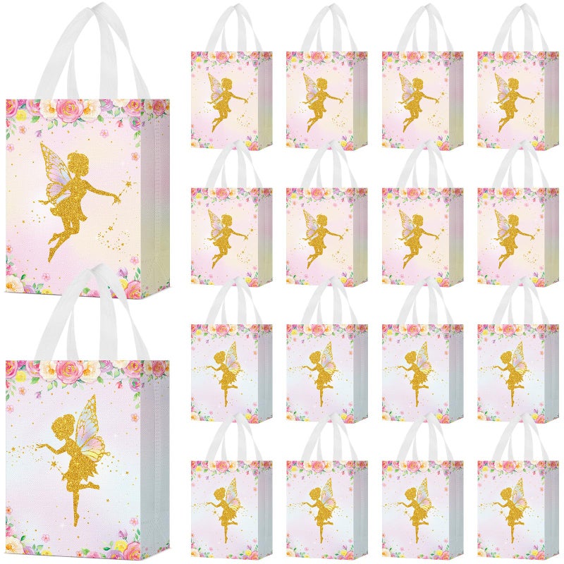 Locmeo 24 Pcs Floral Fairy Party Favor Bags with Handles Reusable Non Woven Floral Fairy Goodie Bags Pink and Purple Candy Treat Gift Bag for Girl Boy Birthday Baby Shower Party 8 x 4 x 10 Inch - Image 3