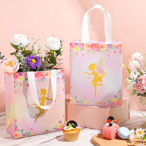 Locmeo 24 Pcs Floral Fairy Party Favor Bags with Handles Reusable Non Woven Floral Fairy Goodie Bags Pink and Purple Candy Treat Gift Bag for Girl Boy Birthday Baby Shower Party 8 x 4 x 10 Inch - Image 5