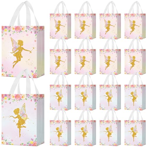 Locmeo 24 Pcs Floral Fairy Party Favor Bags with Handles Reusable Non Woven Floral Fairy Goodie Bags Pink and Purple Candy Treat Gift Bag for Girl Boy Birthday Baby Shower Party 8 x 4 x 10 Inch - Image 2