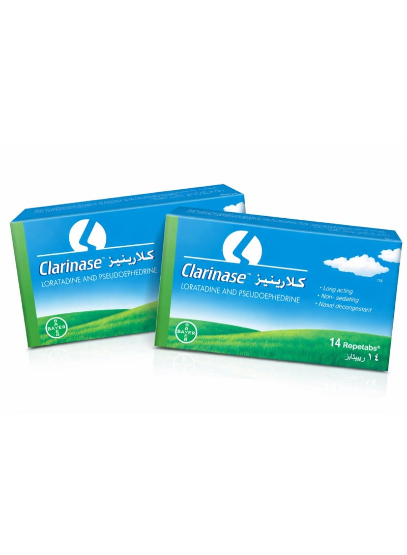BAYER Pack of 2 Clarinase Repetabs, 5 mg/120 mg, for allergy & common cold - Image 1
