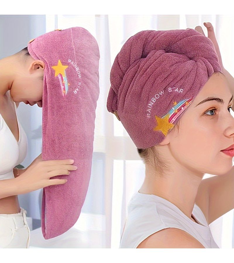 Purple Quick Dry Hair Towel Cap Cartoon Embroidery Absorbent Bath Wrap - Image 2