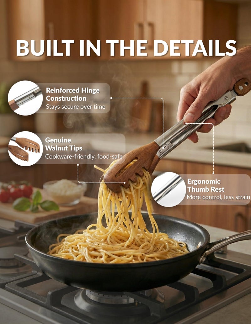Boxiki Kitchen 3-in-1 Kitchen Tongs & Pasta Server â€“ 12 Inch Walnut Multifunction Tongs with Slotted Forked & Flat Tips for Pasta, Salad, Cooking and More â€“ Elegant, Heat-Resistant Food Tongs for Home Cooks & Chefs - Image 2