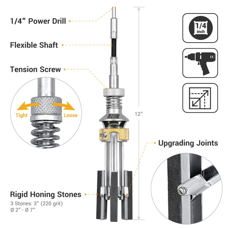 EWK 2" to 7" 3 Stones Engine Cylinder Hone Tool Adjustable Cylinder Deglazer Piston Honer 220 Grit - Image 2