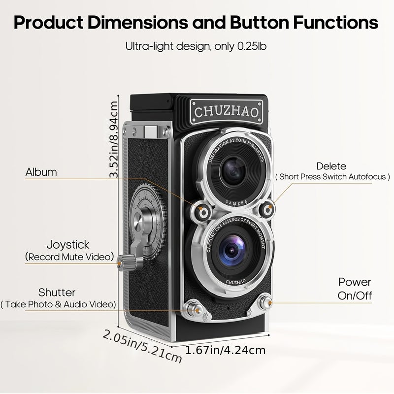 Vintage Digital Camera, Portable Retro Twin-Lens Reflex Style with 16GB Card, 12MP Photos, Autofocus, 1080P FHD Video, 1000mAh Battery and Dual  Filters - Image 2