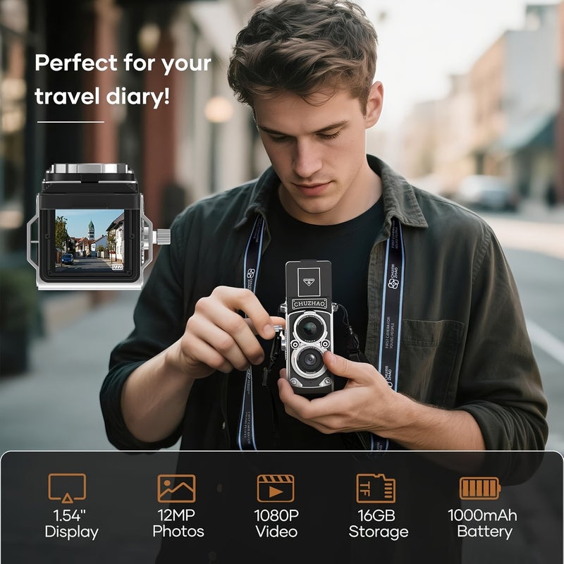 Vintage Digital Camera, Portable Retro Twin-Lens Reflex Style with 16GB Card, 12MP Photos, Autofocus, 1080P FHD Video, 1000mAh Battery and Dual  Filters - Image 4