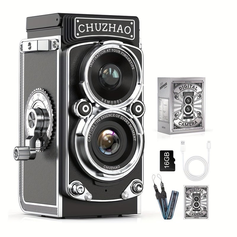 Vintage Digital Camera, Portable Retro Twin-Lens Reflex Style with 16GB Card, 12MP Photos, Autofocus, 1080P FHD Video, 1000mAh Battery and Dual  Filters - Image 1