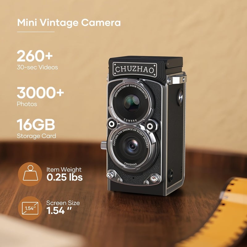 Vintage Digital Camera, Portable Retro Twin-Lens Reflex Style with 16GB Card, 12MP Photos, Autofocus, 1080P FHD Video, 1000mAh Battery and Dual  Filters - Image 3