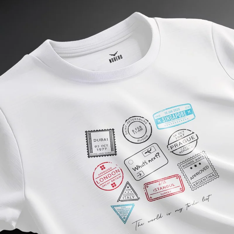 نوبيرو Men's White Cotton Graphic Print T-Shirt