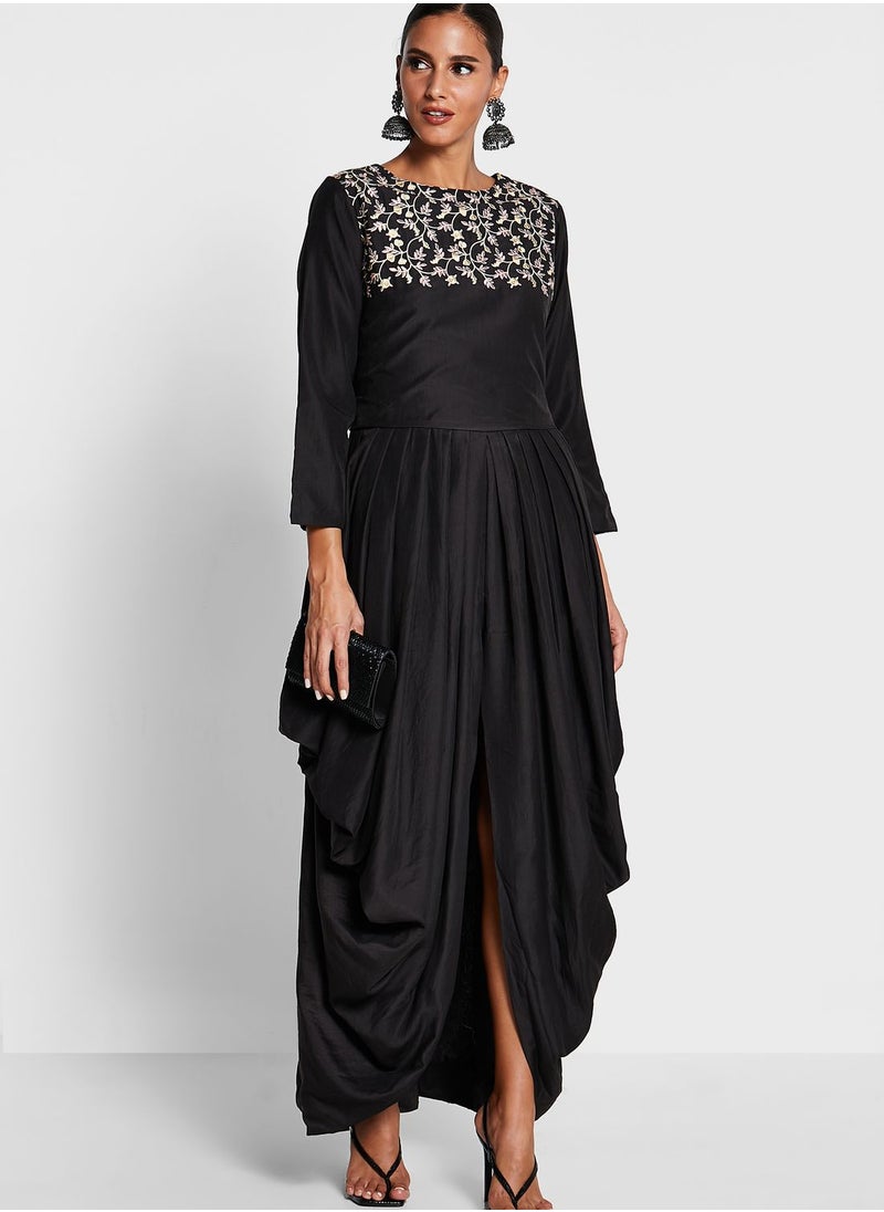 Devoiler Embroidered Yoke Asymmetric Drape Dress  - Image 4