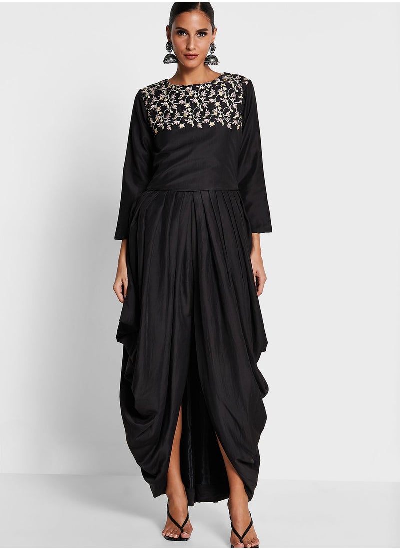 Devoiler Embroidered Yoke Asymmetric Drape Dress  - Image 1