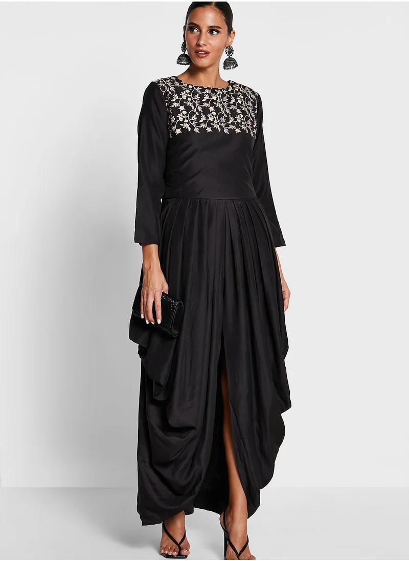 Devoiler Embroidered Yoke Asymmetric Drape Dress