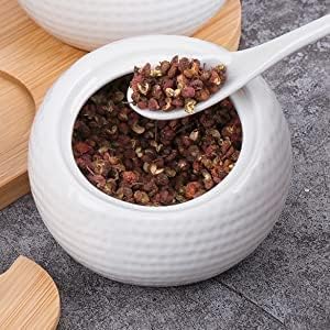 Eletree Ceramic 3 Jars Seasoning Canister Spice Jar Pot Sugar Salt Bowl with Lid Spoon and Rack Set for Spice Salt Sugar Cruet - Image 4
