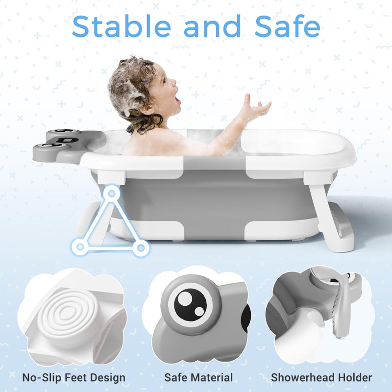 Bunwag Baby Bathtub, Collapsible Newborn Bathtub for Infant to Toddler 0-24 Months with Soft Cushion and Thermometer,Portable Travel Newborn Tub with No-Slip Feet, Baby Shower Gifts,Grey - Image 3