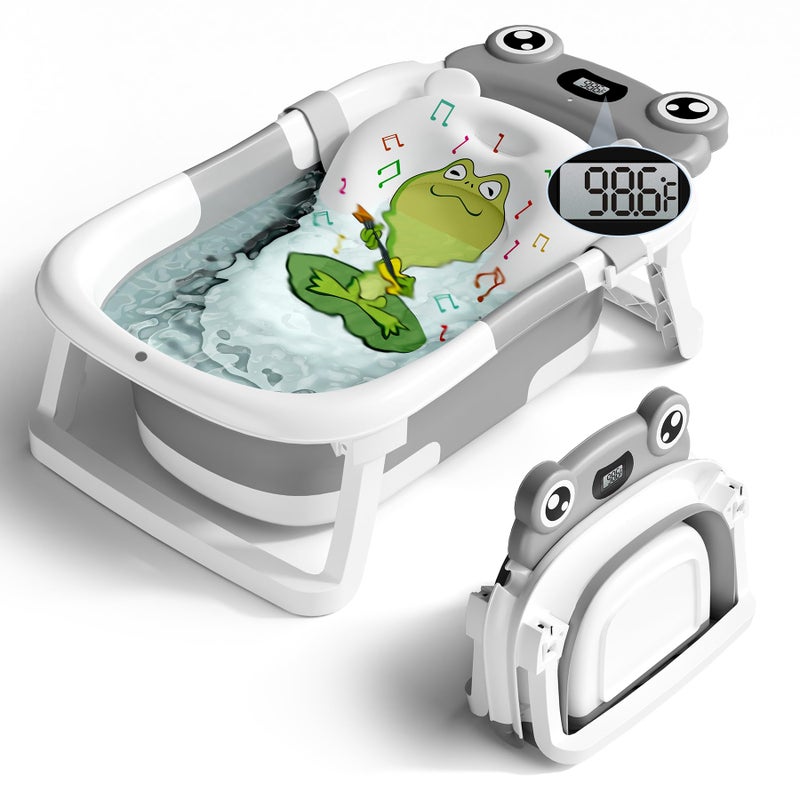 Bunwag Baby Bathtub, Collapsible Newborn Bathtub for Infant to Toddler 0-24 Months with Soft Cushion and Thermometer,Portable Travel Newborn Tub with No-Slip Feet, Baby Shower Gifts,Grey - Image 1