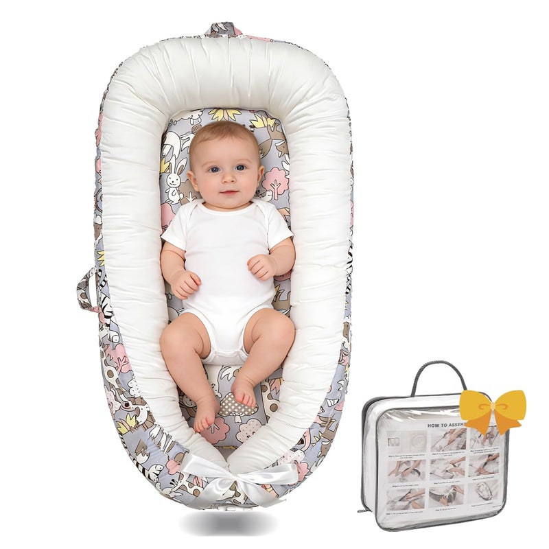 Bubbyhuts Baby Lounger-Breathable and Soft Organic 100% Cotton, Portable Infant Lounger with Removable Lounger Cover, Floor Lounger for Newborn - Sheep Monkey - Image 1