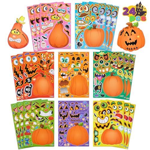 JOYIN 24 Pcs Halloween Pumpkin Decorating Stickers Party Favor for Kids Art Crafts Party Supplies Pumpkin Face Sticker with 8 Designs Halloween Treats Classroom Activities Games - Image 1