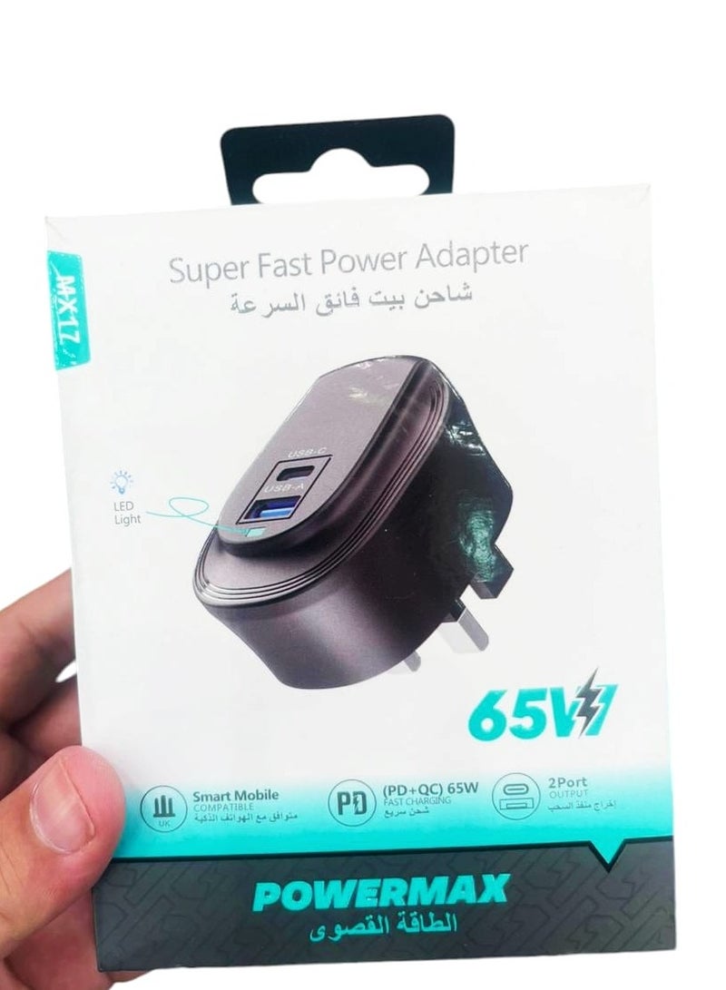 PowerMax Mobile Phone Quick Charger Portable (PD+QC) 65 W Fast Charging UK Plug Adapter