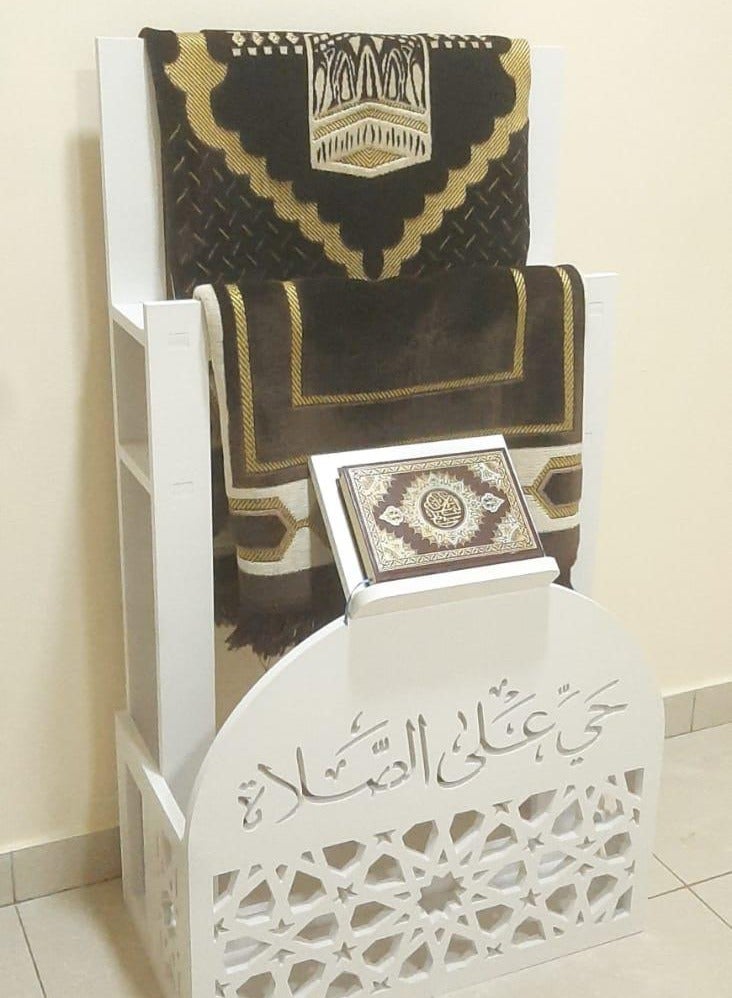 Prayer Mat (Rug) and Quran Holder Prayer Corner Elegant White Organizer for Prayer Corner at Home or Office  Living Room, Bedroom or Office  - Image 1